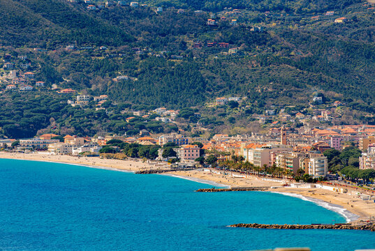 Aerial panoramic view of the coast of Spotorno, Liguria, province of Savona, Liguria. Riviera dei Fiori. Riviera Ponente. Seaside resort.