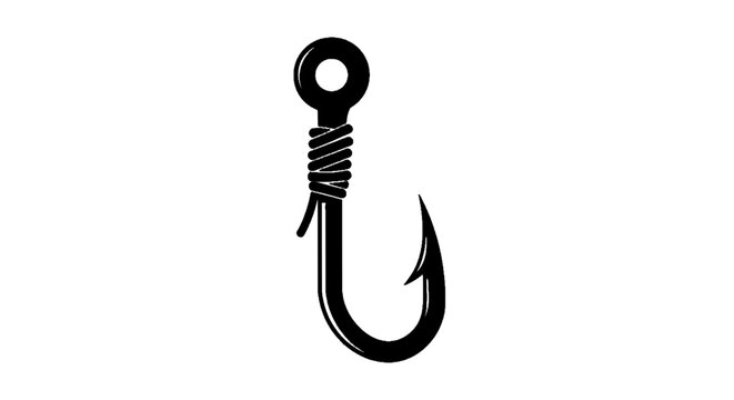 Minimal black silhouette icon, simple flat vector, bold black shape, no gradients, no shading fishing hook icon with tied fishing line on a, flat icon style
