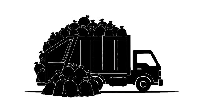 Minimal black silhouette icon, simple flat vector, bold black shape, no gradients, no shading silhouette of a garbage truck loaded with trash bags on a, flat icon style