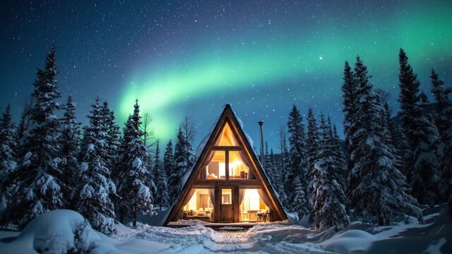 Cozy A-frame cabin under vibrant aurora borealis in snowy forest at night