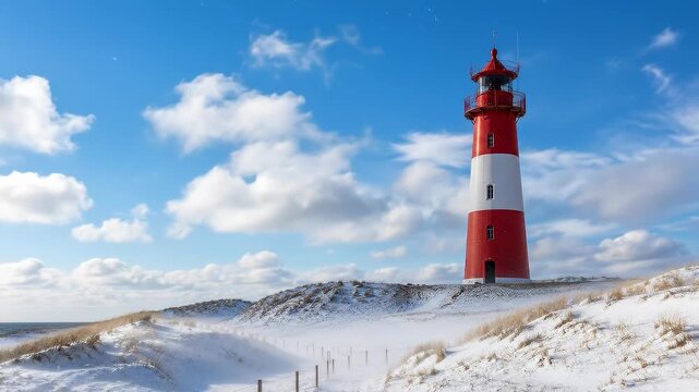 Iconic red and white lighthouse standing tall on snow-covered dunes under a blue sky