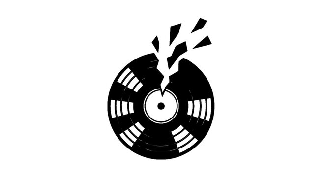 Minimal black silhouette icon, simple flat vector, bold black shape, no gradients, no shading vector illustration of a broken vinyl record on a, flat icon style