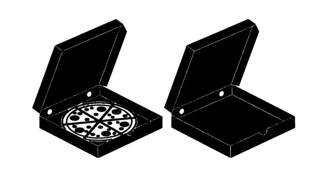 Minimal black silhouette icon, simple flat vector, bold black shape, no gradients, no shading pizza box with pizza inside and empty pizza box on a, flat icon style