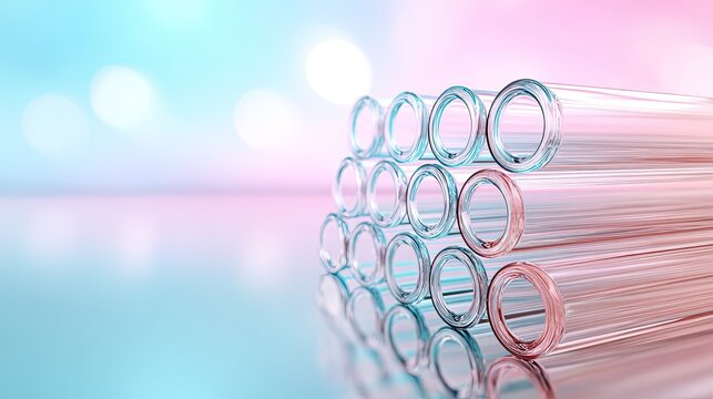 Empty glass test tubes in transparent rack, gradient pink blue bokeh background, chemistry lab research backdrop