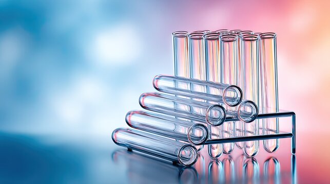 Empty glass test tubes in transparent rack, gradient pink blue bokeh background, chemistry lab research backdrop
