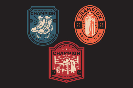 Boxing gear and equipment retro badge logo set for martial art sport. Boxing ring, boots and punching bag vintage patch symbols for tournament. Boxing essentials rustic emblem elements for boxing club