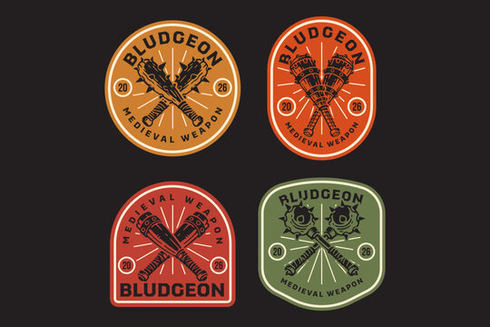 Crossed spiked maces retro badge logo set for medieval weapon. Morningstar weapon vintage patch symbols for historical. medieval bludgeon crossed rustic emblem elements for combat sport