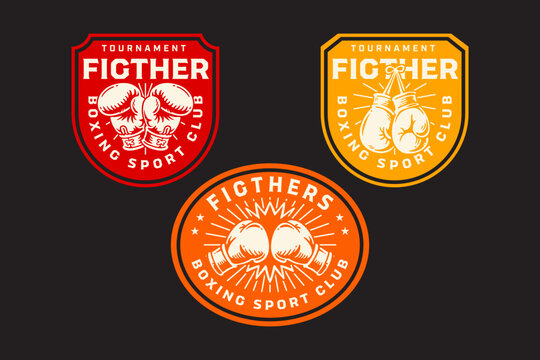 Boxing gloves retro badge logo set for combat sport. Kickboxing gloves vintage patch symbols for tournament. Hanging boxing gloves rustic emblem elements for boxing club