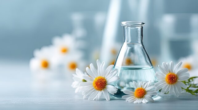 Chamomile flowers and erlenmeyer flask, herbal extract natural skincare botanical lab commercial backdrop