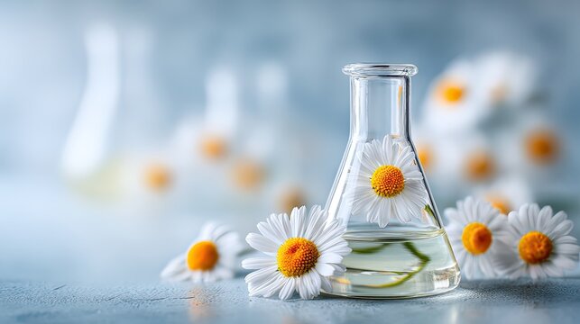 Chamomile flowers and erlenmeyer flask, herbal extract natural skincare botanical lab commercial backdrop