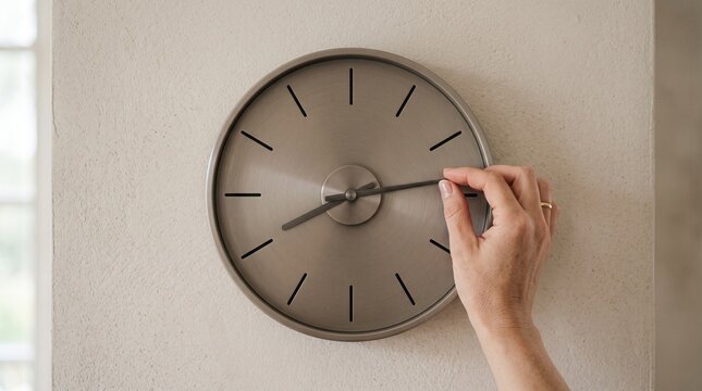 Close up of a hand adjusting the time on a modern minimalist wall clock with a brushed metal finish