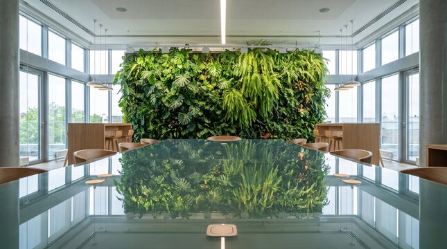 Modern conference room featuring a vertical garden wall reflected in a polished glass table