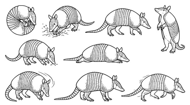 Set of armadillos demonstrating different behaviors and anatomical positions including walking digging and curled up in a defensive ball for wildlife educational illustration and animal studies