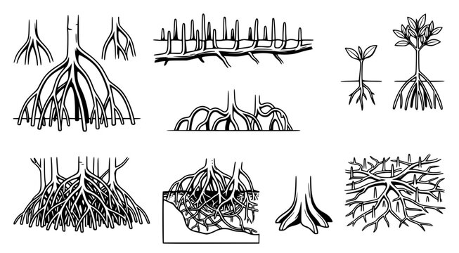 Botanical set of various tree root systems including taproots and lateral roots for plant biology education and ecology studies or environmental science illustration and design projects