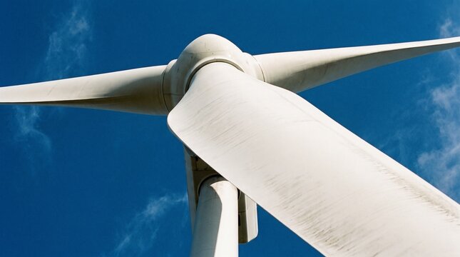 Low angle view of a white wind turbine blade rotating against a clear bright blue sky background