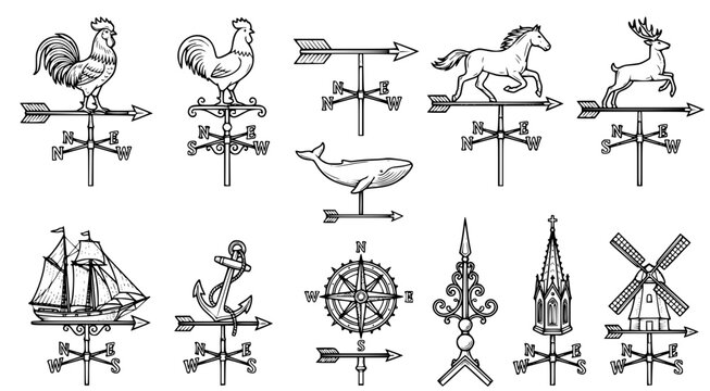 Set of classic weather vanes and wind direction indicators with nautical and farm themes in black and white line art vector style for architectural design and vintage branding projects