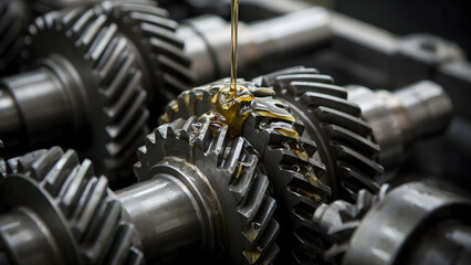 Fototapeta premium Close up of golden oil dripping onto metallic gears and cogs of a heavy machinery transmission system during a routine maintenance procedure
