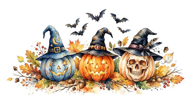 Three pumpkins wearing witch hats surrounded by autumn leaves and bats