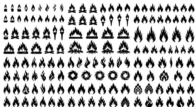 Extensive fire and flame icon collection featuring burning campfires and abstract blaze symbols in black and white vector line art for energy and heat themed graphic design projects