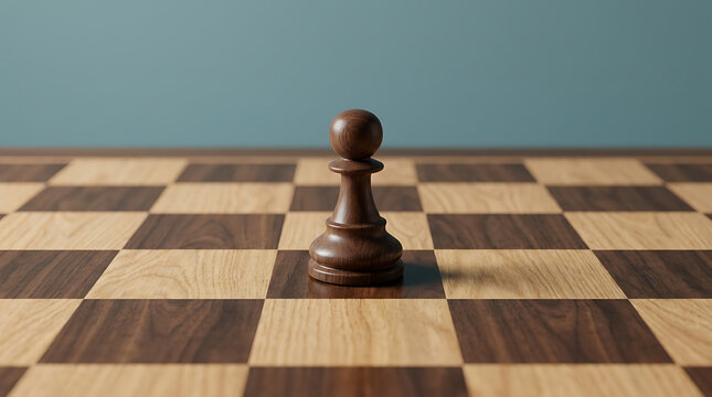 A solitary chess pawn stands on a classic brown and beige chessboard indoors.