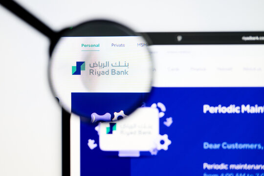 Milan, Italy 2026, 5 Jul Closeup of Riyad Bank website page on a laptop screen. Focus on Riyad Bank logo under a magnifying glass.