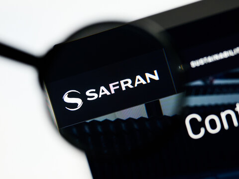 Milan, Italy 2026, 5 Jul Closeup of Safran website page on a laptop screen. Focus on Safran logo under a magnifying glass.