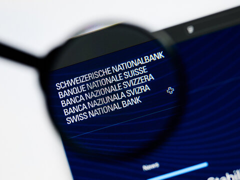 Milan, Italy 2026, 5 Jul Closeup of Schweizerische Nationalbank website page on a laptop screen. Focus on Schweizerische Nationalbank logo under a magnifying glass.