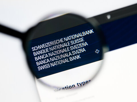 Milan, Italy 2026, 5 Jul Closeup of Schweizerische Nationalbank website page on a laptop screen. Focus on Schweizerische Nationalbank logo under a magnifying glass.