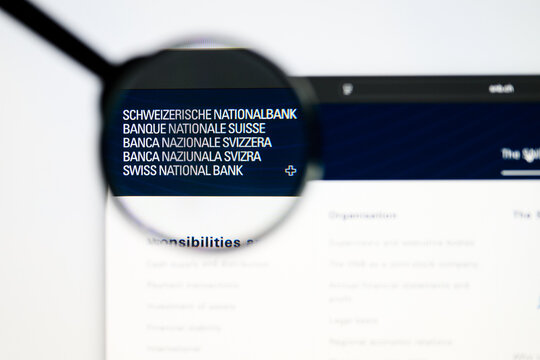 Milan, Italy 2026, 5 Jul Closeup of Schweizerische Nationalbank website page on a laptop screen. Focus on Schweizerische Nationalbank logo under a magnifying glass.