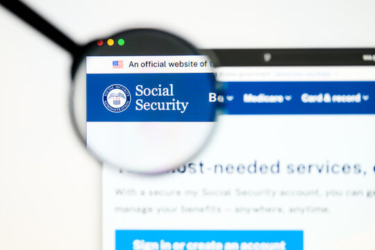 Milan, Italy 2026, 5 Jul Closeup of Social Security Administration website page on a laptop screen. Focus on Social Security Administration logo under a magnifying glass.