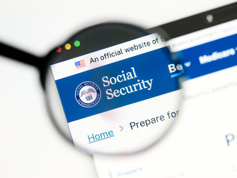 Milan, Italy 2026, 5 Jul Closeup of Social Security Administration website page on a laptop screen. Focus on Social Security Administration logo under a magnifying glass.