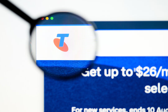 Milan, Italy 2026, 5 Jul Closeup of Telstra website page on a laptop screen. Focus on Telstra logo under a magnifying glass.