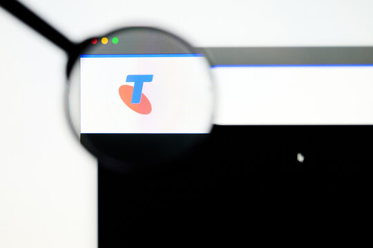 Milan, Italy 2026, 5 Jul Closeup of Telstra website page on a laptop screen. Focus on Telstra logo under a magnifying glass.