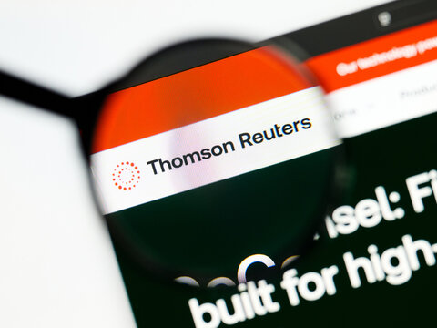 Milan, Italy 2026, 5 Jul Closeup of Thomson Reuters CoCounsel website page on a laptop screen. Focus on Thomson Reuters CoCounsel logo under a magnifying glass.