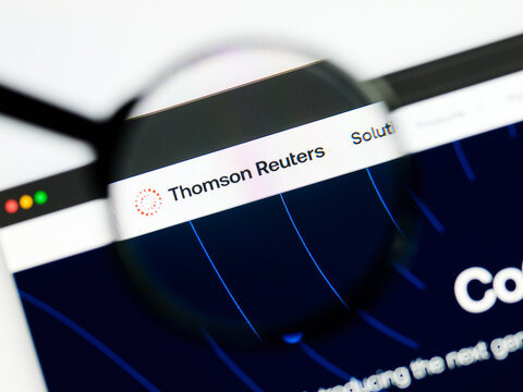 Milan, Italy 2026, 5 Jul Closeup of Thomson Reuters CoCounsel website page on a laptop screen. Focus on Thomson Reuters CoCounsel logo under a magnifying glass.