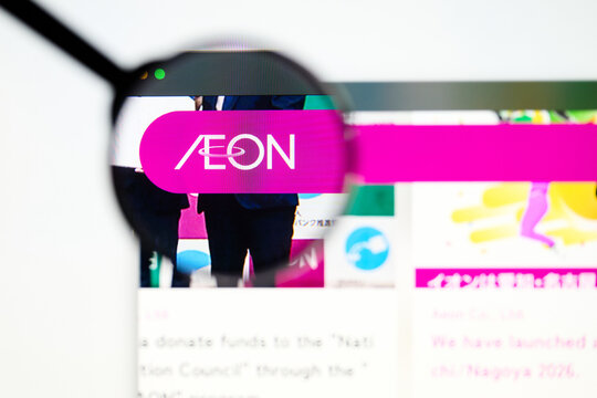 Milan, Italy 2026, 5 Jul Closeup of Aeon website page on a laptop screen. Focus on Aeon logo under a magnifying glass.