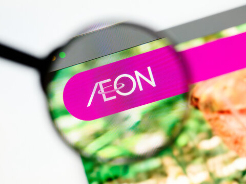 Milan, Italy 2026, 5 Jul Closeup of Aeon website page on a laptop screen. Focus on Aeon logo under a magnifying glass.