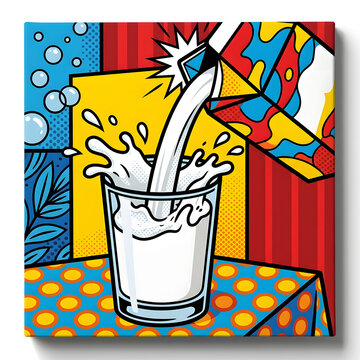Colorful cartoon illustration of a milk jug with a face and arms.