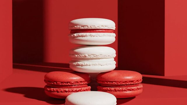 Red and white macarons stacked in a pyramid shape on a vibrant red backdrop with warm natural light