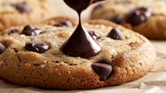 Delicious melted chocolate pouring onto a freshly baked chocolate chip cookie with other cookies in the background