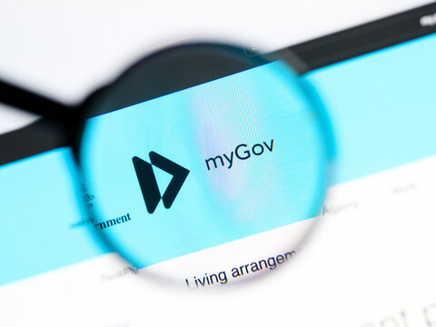 Milan, Italy 2026, 5 Jul Closeup of Australia myGov website page on a laptop screen. Focus on Australia myGov logo under a magnifying glass.