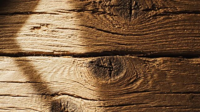 Close-up of old wooden planks with a natural wood grain texture and sunlit shadows for a rustic background.