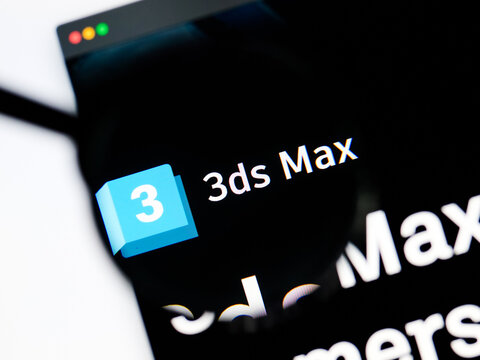 Milan, Italy 2026, 5 Jul Closeup of Autodesk 3ds Max website page on a laptop screen. Focus on Autodesk 3ds Max logo under a magnifying glass.