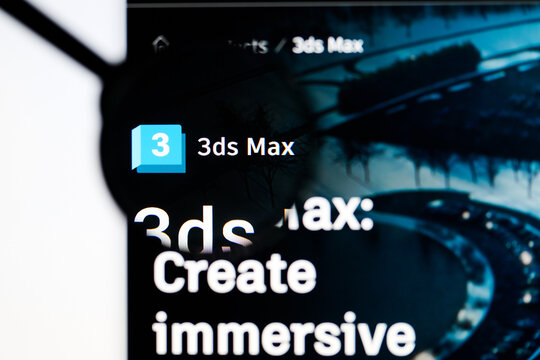Milan, Italy 2026, 5 Jul Closeup of Autodesk 3ds Max website page on a laptop screen. Focus on Autodesk 3ds Max logo under a magnifying glass.