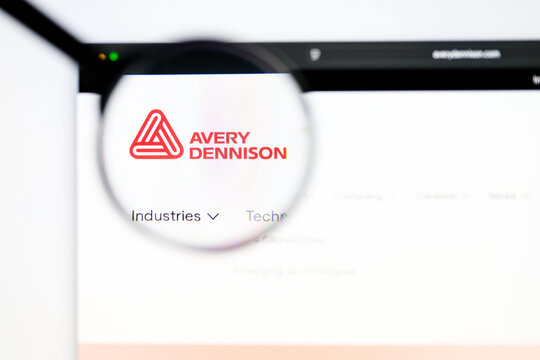 Milan, Italy 2026, 5 Jul Closeup of Avery Dennison website page on a laptop screen. Focus on Avery Dennison logo under a magnifying glass.