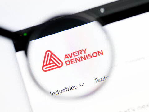 Milan, Italy 2026, 5 Jul Closeup of Avery Dennison website page on a laptop screen. Focus on Avery Dennison logo under a magnifying glass.