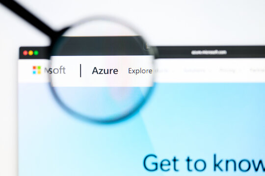 Milan, Italy 2026, 5 Jul Closeup of Azure Microsoft website page on a laptop screen. Focus on Azure Microsoft logo under a magnifying glass.