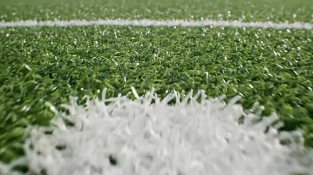 Low angle close-up shot of artificial turf with white markings on a sunny day