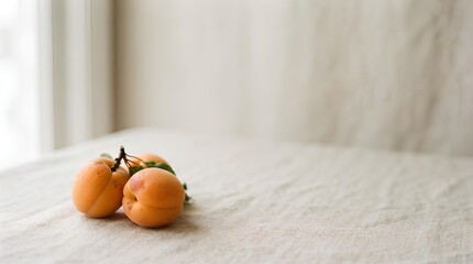 Two ripe apricots placed in the lower left corner of a large natural linen surface, with most of the background left empty as negative space for seasonal fruit or delicate dessert messaging.