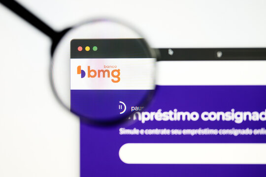 Milan, Italy 2026, 5 Jul Closeup of Banco BMG website page on a laptop screen. Focus on Banco BMG logo under a magnifying glass.